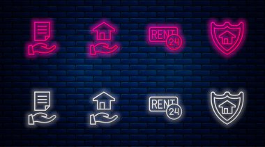 Emlakçı, Kiracı, Konut sözleşmesi ve Shield. Tuğla duvarda parlayan neon simgesi. Vektör