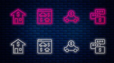 Çevrimiçi gayrimenkul, araba kiralama, dolarlı ev ve fiyat pazarlığı. Tuğla duvarda parlayan neon simgesi. Vektör