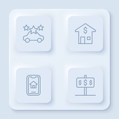 Set hattı Araba Paylaşımı, Dolarlı Ev, Çevrimiçi Emlak ve. Beyaz kare düğme. Vektör