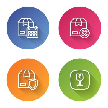 Karton kutu, takvim, karton karton, teslimat güvenlik kalkanı ve kırılgan cam. Renkli daire düğmesi. Vektör