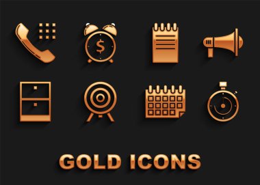 Hedef, Megaphone, Evrak Çantası, Takvim, Arşiv kâğıtları çekmecesi, Not Defteri, Telefon ahizesi ve Dolar sembollü Alarm saatini ayarla. Vektör