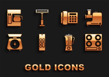 Uzaktan kumanda, mutfak kıyma makinesi, gaz ocağı, blender, telefon, cam tencereli kahve makinesi ve elektrikli ısıtıcı ikonu. Vektör