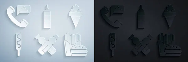 Set Kruisfles met water, IJs in wafelkegel, Burger en frites kartonnen doos, Sauce and Food bestelpictogram. Vector — Stockvector