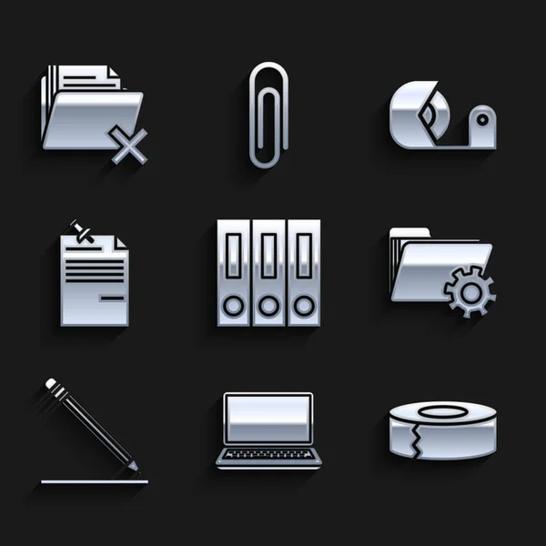 Set Office folders with papers and documents, Laptop, Scotch, Folder settings gears, Pencil eraser line, Note pinned pushbutton, and Delete icon. Vector —  Vetores de Stock