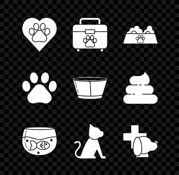 Set Heart with animals footprint, Pet first aid kit, food bowl for cat or dog, Aquarium fish, Cat, Veterinary clinic symbol, Paw and Protective cone collar icon. Vector — Stockvektor