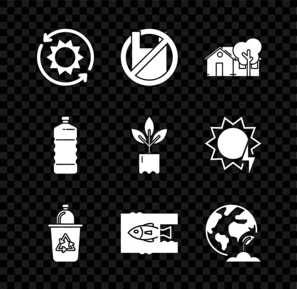 Set Solární energie panel, Řekni ne plastových sáčků plakát, Eco přátelský dům, Recyklace koše se symbolem, Stop znečištění oceánu, Země zeměkoule a rostliny, Plastové láhve a ikony rostlin. Vektor — Stockový vektor