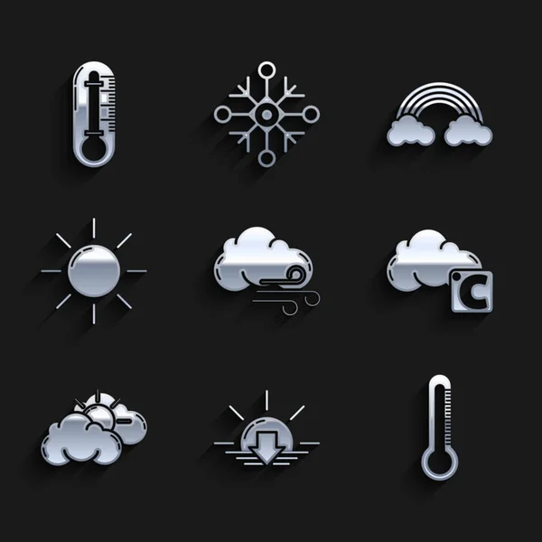 Set Windy weather, Sunset, Thermometer, Celsius and cloud, Rainbow with clouds and icon. Vector — Vettoriale Stock