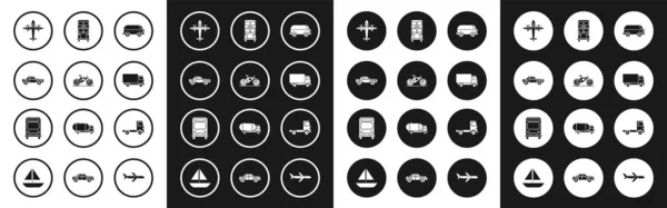 Set Retro minivan, Bicycle, Sedan car, Old retro vintage plane, Delivery cargo truck vehicle, Double decker bus, and Bus icon. Vector — стоковый вектор