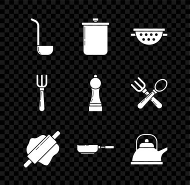 Mutfak kepçesi, yemek tenceresi, süzgeç, merdane, kızartma tavası, saplı kettle, çatal ve biber ikonu. Vektör
