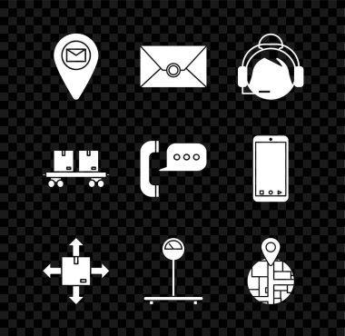 Yer Tutucu 'yu harita kağıdına, Zarf' a, Temas Destek operatörüne, trafik sembollü mukavva kutusuna, Ölçek 'e, Demiryolu arabalarına ve Telefon konuşma balonu sohbet ikonuna ayarla. Vektör