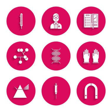 DNA sembolü, şırınga, mıknatıs, lastik eldiven, ışık ışını prizması, molekül, not defteri ve meteoroloji termometre ölçüm ikonu. Vektör