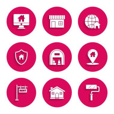 Depo, House, Paten Fırçası, Harita İşaretleyicisi, Yazı Tutanağı Rent, kalkan, Globe sembolü ve Bilgisayar monitörü akıllı ev simgesini ayarla. Vektör