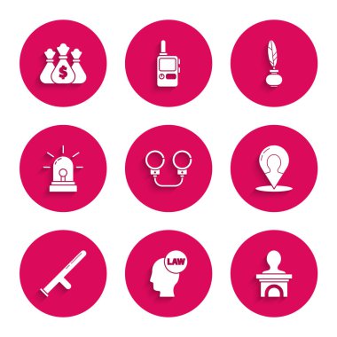 Kelepçe, Kelepçe, Kafa, Sahne Standı veya Münazara kürsüsü, Harita İşaretleyici silueti, Polis kauçuk sopası, Flasher siren, Tüy Mürekkebi ve Para Çantası ikonu. Vektör