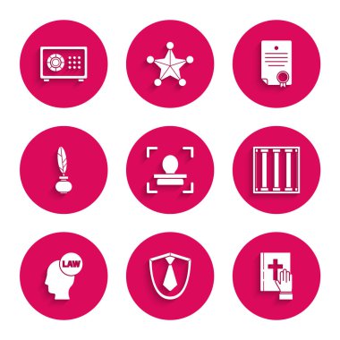 Yüz Tanıma, Kravat, Kutsal İncil, Cezaevi Penceresi, Kanun, Tüy ve Mürekkep Başı, Sertifika Şablonu ve Güvenli Simgesi. Vektör