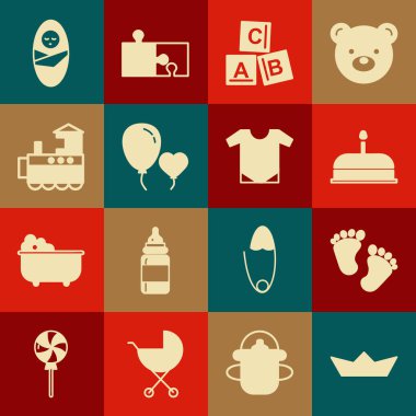 Katlanmış kağıt bot, bebek ayak izleri yanan mumları olan pasta, ABC blokları, kalp şeklinde balonlar oyuncak tren, kundaklanmış bebek bebek bezi ve bebek tulumu ikonu. Vektör