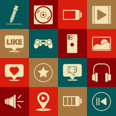 Geri sar, Kulaklıklar, Resim Alanı, Batarya şarj seviyesi göstergesi, Gamepad, Konuşma balonu, Silgi ve Smartphone ile Kalem, mobil simge. Vektör