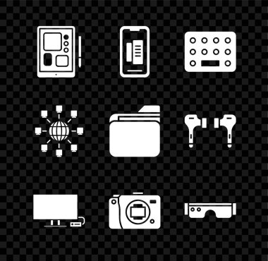 Grafik tableti, akıllı telefon, cep telefonu, su toplayan haplar, TV, aynasız kamera, gözlük, sosyal ağ ve belge klasörü simgesini ayarlayın. Vektör