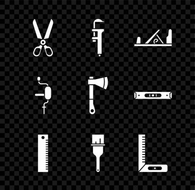 Makas, Calliper kalibreli ve ölçekli tahta uçaklar, cetvel, boya fırçası, köşe cetveli, el matkabı ve tahta balta ikonu hazırlayın. Vektör