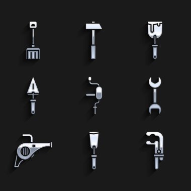 El matkabı, macun bıçağı, pens aleti, İngiliz anahtarı, Yaprak bahçe üfleyicisi, Trowel ve kar küreği ikonu. Vektör