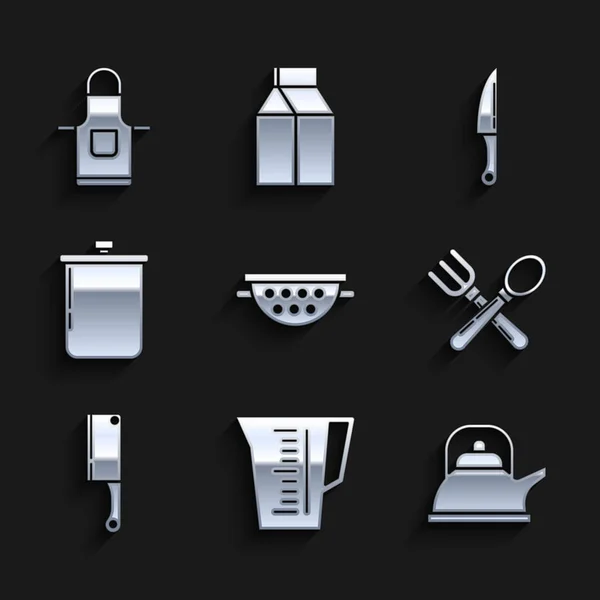 Set Küchensieb, Messbecher, Wasserkocher mit Henkel, Kochlöffel, Fleischhacker, Kochtopf, Messer und Schürze Symbol. Vektor — Stockvektor