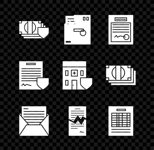 Set Money with shield, Ordered envelope, Filled form, Mail and e-mail, Torn contract, Report file document, Contract and Medical hospital building icon. Vector — 스톡 벡터