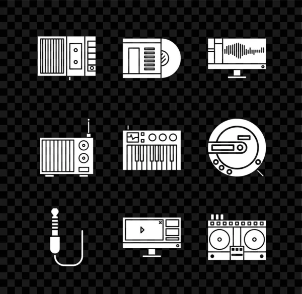 モニター上の音楽テーププレーヤー、ビニールディスク、サウンドやオーディオレコーダーを設定し、オーディオジャック、ビデオエディタソフトウェア、音楽を再生し、混合するためのDJリモート、アンテナやシンセサイザーアイコンとラジオ。ベクトル — ストックベクタ