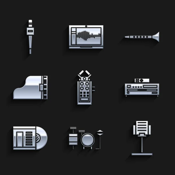 Set Micrófono, Batería, Soporte de música, Reproductor de CD, Disco de vinilo, Gran piano, Clarinete e icono. Vector — Vector de stock