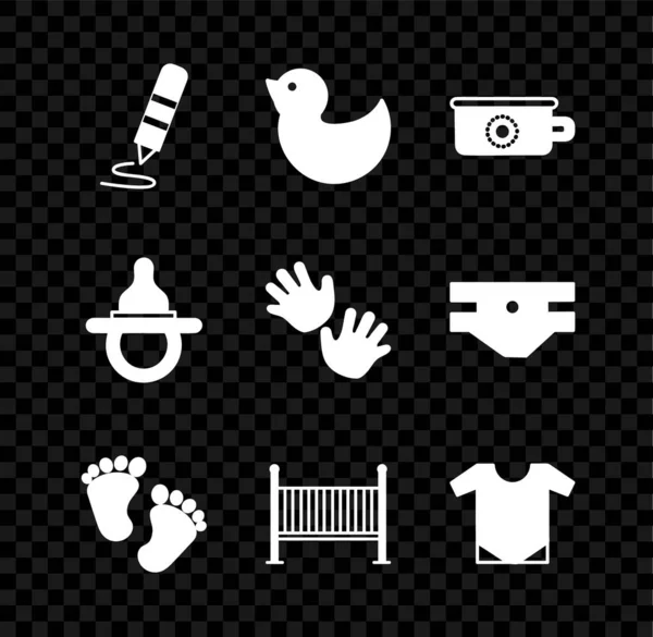 Set Wax crayon for drawing, Rubber duck, Baby potty, footprints, crib cradle bed, onesie, dummy pacifier and hands icon. Vector — Stock vektor