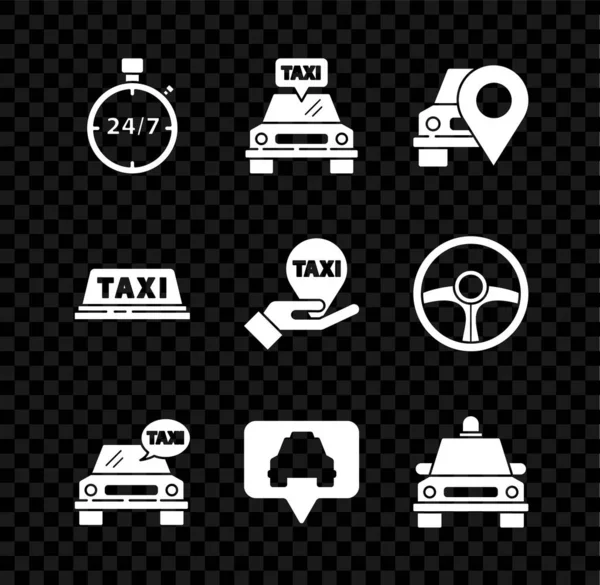Set Stopwatch 24 hours, Taxi car, Map pointer with taxi, roof and Hand on map icon. Vector — Stock Vector