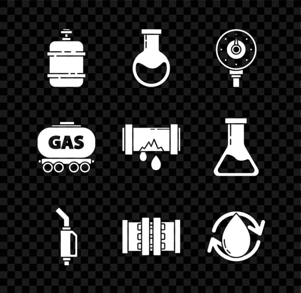 Σετ ρεζερβουάρ αερίου Προπάνιο, δοκιμαστικό σωλήνα και φιάλη, Περιτύπωμα μοτέρ, ακροφύσιο αντλίας βενζίνης, βαλβίδα μεταλλικών σωλήνων βιομηχανίας, σταγόνα λαδιού, στέρνα σιδηροδρόμου και Σπασμένη με εικονίδιο διαρροής νερού. Διάνυσμα — Διανυσματικό Αρχείο