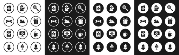 Set Förstoringsglas med snöflinga, Berg, Bow slips, Jul vykort, Presentask, Vante, Kaffe kopp och på smartphone och ikon. Vektor — Stock vektor