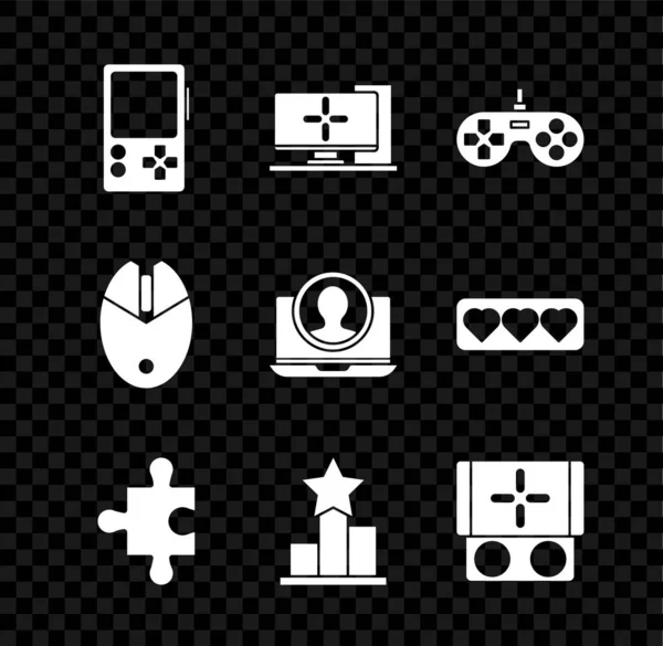 Set Portable video game console, Computer monitor, Gamepad, Piece of puzzle, Star, mouse gaming and Create account screen icon. Vector — Vetor de Stock