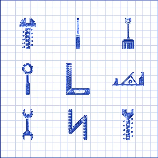 Set Corner ruler, Folding, Metallic screw, Wood plane tool, Wrench spanner, Snow shovel and icon. Vector — Stock Vector