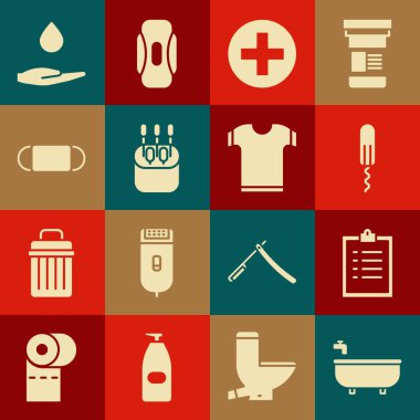 Küvet, kontrol listesi olan pano, hijyenik tampon, hastanenin sağlık sigortası kulaklar için pamuklu bez, tıbbi koruyucu maske, çamaşır sabunu ve tişört ikonu. Vektör