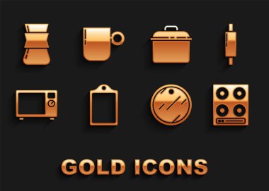 Kesme tahtası, merdane, gaz ocağı, mikrodalga fırın, tencere, Türk kahvesi ve kupa ikonu. Vektör