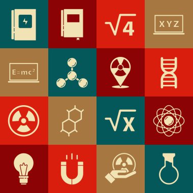 Test tüpü ve matara, atom, DNA sembolü, kare kök 4 kabartma, molekül, denklem çözeltisi, elektrik paneli ve radyoaktif konum simgesini ayarla. Vektör