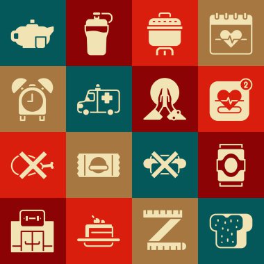 Ekmek tostu, soda kutusu, kalp atış hızı olan mobil, yemek tenceresi, ambulans ve acil durum arabası, çalar saat, çaydanlık bardağı ve meditasyon ikonu. Vektör