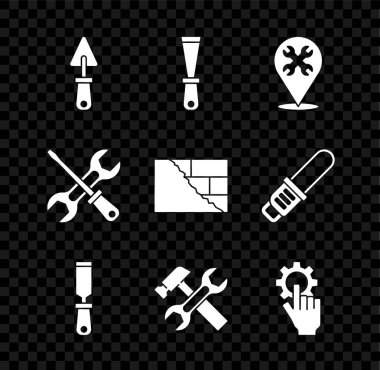 Trowel, Macun bıçağı, ingiliz anahtarlı konum, Rasp metal dosyası, Hammer ve elinde ayarlar, tornavida ve tuğla ikonu. Vektör