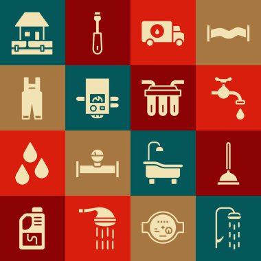 Duş, su pompası, su musluğu, boru hattı, gaz kazanını, iş tulumlarını, malzeme borularını ve filtre simgesini ayarla. Vektör