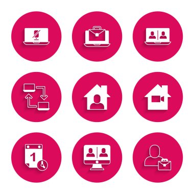 Çevrimiçi çalışma, görüntülü sohbet konferansı, Freelancer, Ev Kapalı Kamera, Zaman Yönetimi ve Dilsiz mikrofon dizüstü bilgisayar ikonu. Vektör