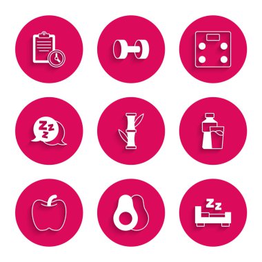 Bambu, Avokado meyvesi, uyku zamanı, bir şişe cam, elma, uykulu, banyo terazisi ve spor eğitim programı ikonu. Vektör