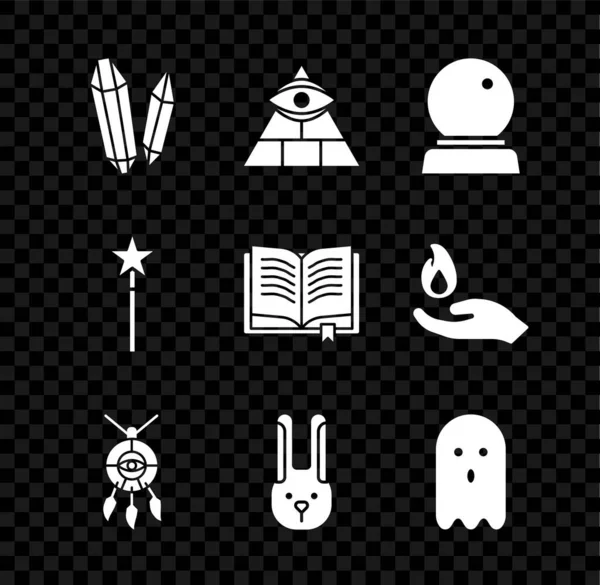 Set Magic stone, Masons, ball, Dream catcher with peathers, Rabbit ears, Ghost, wand and Ancient magic book icon. Vektor — Stockový vektor