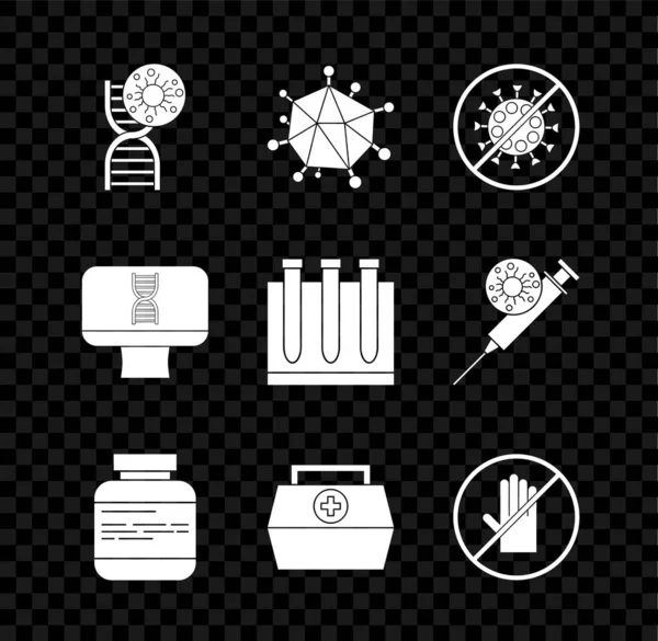 Ustaw symbol DNA i wirusa, Wirus, Stop, tabletki na butelkę, apteczka, Brak uścisku dłoni, komputer spiralny i ikona badania krwi. Wektor — Wektor stockowy