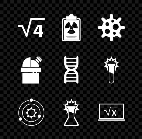 Set Square root of 4 glyph, Radiation warning document, Virus, Solar system, Test tube and flask, x, Astronomical observatory and DNA symbol icon. Vector — стоковый вектор