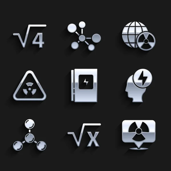Állítsa be elektromos panel, négyzetgyöke x glyph, Radioaktív helyen, Fej és elektromos szimbólum, Molekula, Háromszög sugárzás, Föld bolygó és 4 ikon. Vektor — Stock Vector