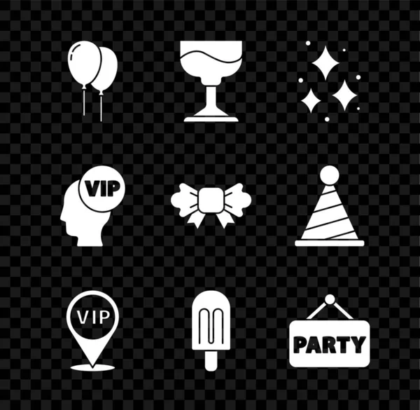 Set ballonnen met lint, Cocktail, Vuurwerk, Locatie Vip, IJs, Signboard party, binnenkant hoofd en strik pictogram. Vector — Stockvector