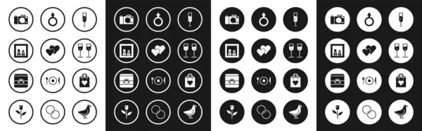 Set Glass of champagne, Heart, Family photo, Photo camera, Male gender symbol, Shopping bag with heart and Wedding rings icon. Vector — стоковый вектор