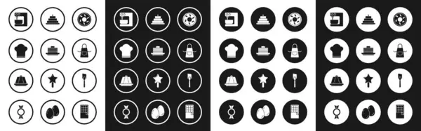 Donut, Stack of bank hat, Chef hat, Electric Mixer, Kitchen apron, Cake with burning candles, Spatula, Pudding cadard icon. Vector — 스톡 벡터