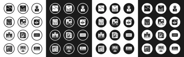 Set Trader, Trading cursussen, Website met groeigrafiek, Browser, Mobile handelen in aandelen, Taartgrafiek infographic, Zero cost en Bank gebouw pictogram. Vector — Stockvector