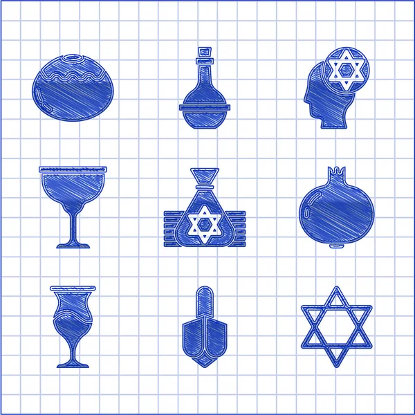 Set Jewish money bag, Hanukkah dreidel, Star of David, Pomegranate, goblet, Orthodox jewish hat and sweet bakery icon. Vector — Vetor de Stock